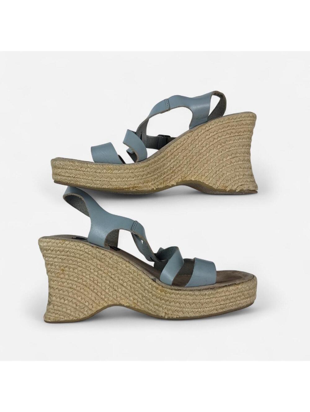 Vintage Y2K Blue Leather Strappy Espadrille Platform Wedge Sandals in Blue